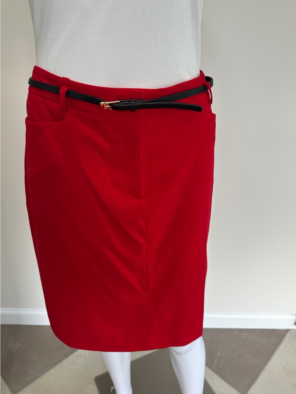 Calvin Klein Red Pencil Skirt with Slim Black Belt